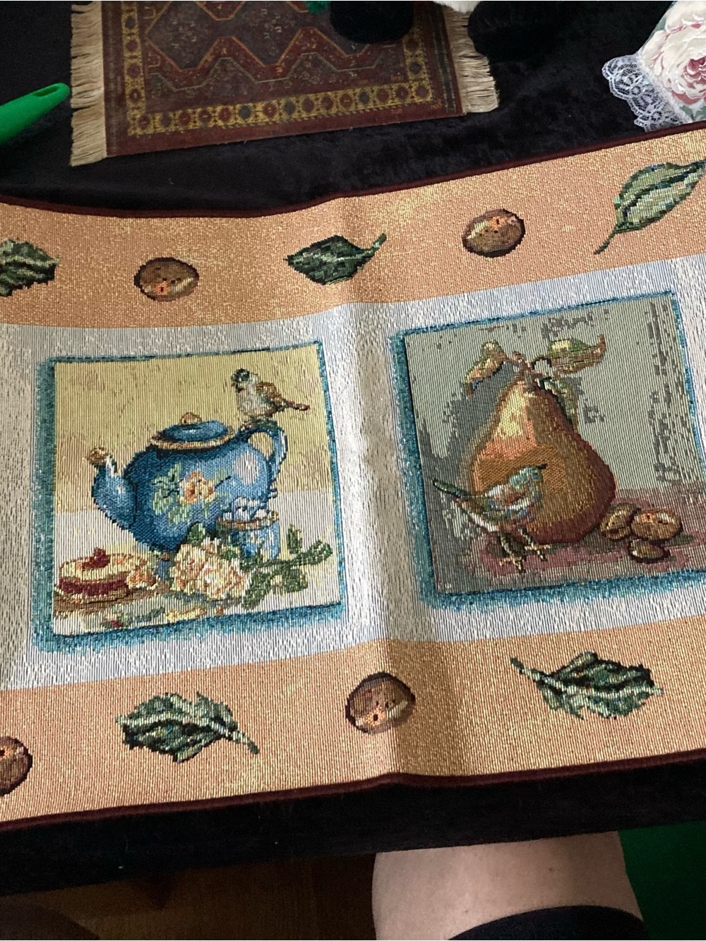 Decorative Tea & Pear Tapestry Table Runner - Vintage Blue, Peach